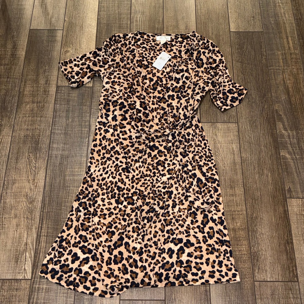 Motherhood Maternity Leopard Print Wrap Dress Short Sleeve V-Neck Brown Tan M